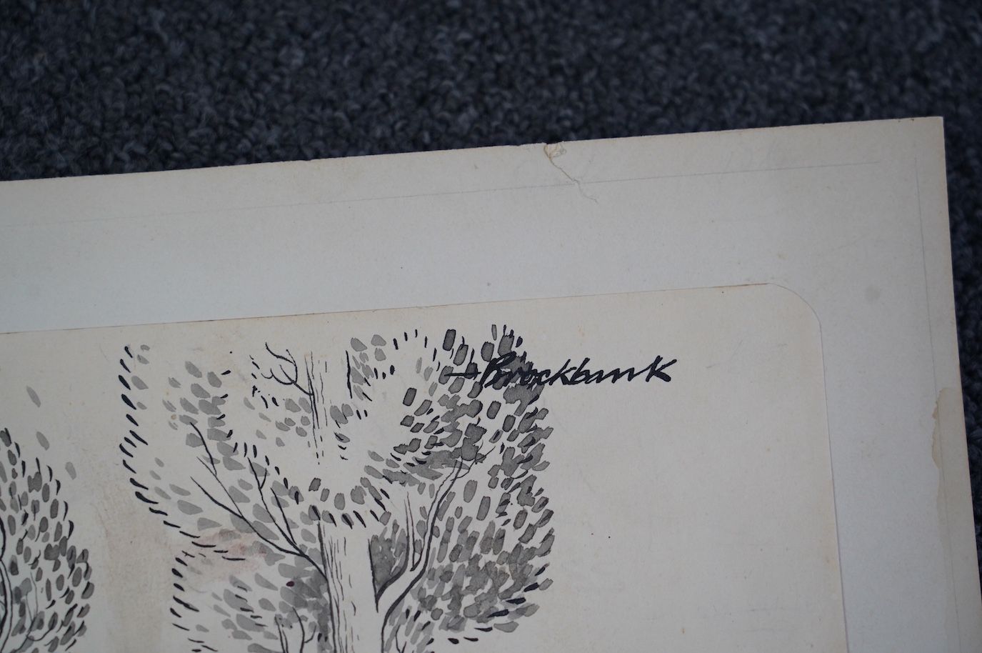 Russell Brockbank (English, 1913-1979), Jaguar XKSS; “I see the leaves are on the turn”., ink and wash on paper heightened with white, 17 x 30cm, unframed